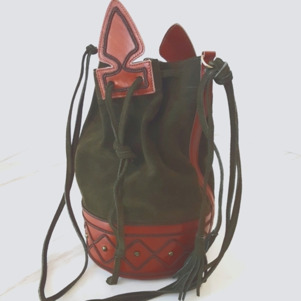 VTG YVES STAINT LAURANT ANJA Green Suede Caramel Leather Mini Bucket Bag - Picture 4 of 13